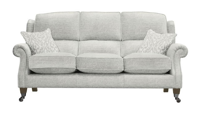 Parker Knoll Henley 3 Seater Sofa in Caledonian Silver Fabric with Austen Medallion Dove Scatters and Vintage Oak Legs